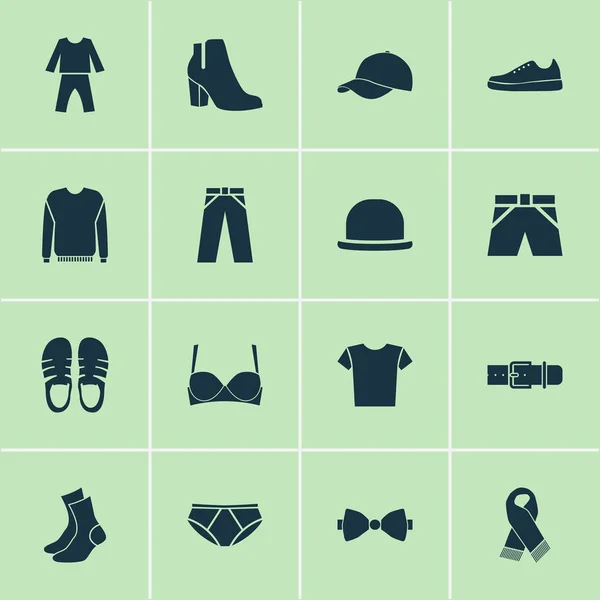 Conjunto de iconos de prendas de vestir con pantalones, zapatos de goma, bufanda y otros elementos de zapatillas. Iconos de prendas de vestir de ilustración vectorial aislado . — Archivo Imágenes Vectoriales