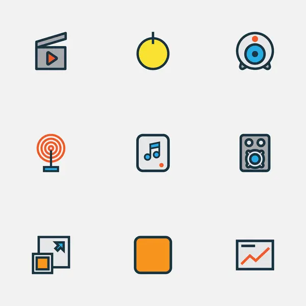 Media icons colored line set with presentation, stop, broadcast and other file elements. Isolated vector illustration media icons. — Stock Vector