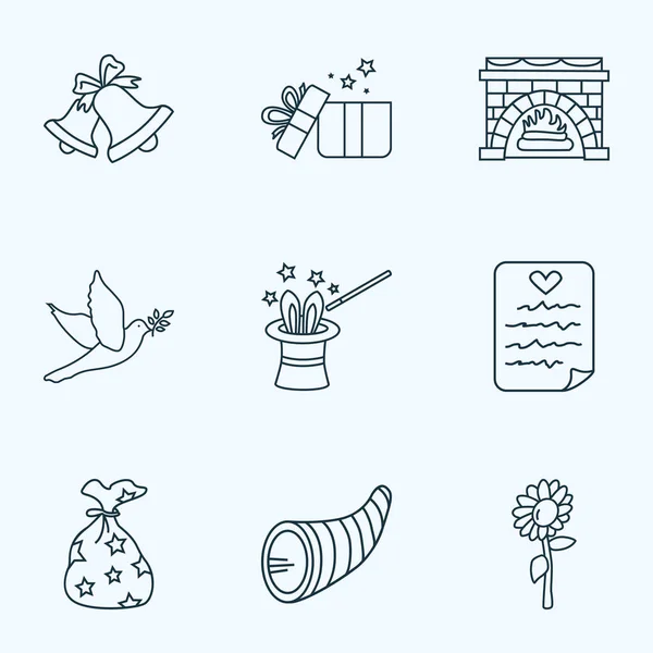 Iconos de celebración conjunto de estilo de línea con campanas, bolsa de regalo, chimenea y otros elementos florales. Iconos de celebración de ilustración vectorial aislado . — Archivo Imágenes Vectoriales