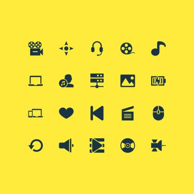 Multimedya simgeler uydu, vinil, kulaklık ve diğer enerji öğeleri ile ayarlayın. İzole vektör çizim multimedya simgeler.