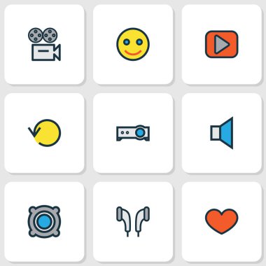 Müzik simgeleri renkli çizgi koymak hoparlör, kulaklık, favori ve diğer video unsurları ile. İzole vektör illüstrasyon müzik simgeleri.