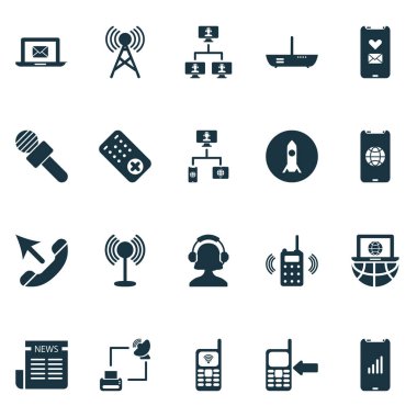 İletişim simgeler iletişim konsol, çağrı cep telefonu, iletişim kule ve diğer telefonla satış elemanları ile ayarlayın. İzole vektör çizim iletişim simgeler.