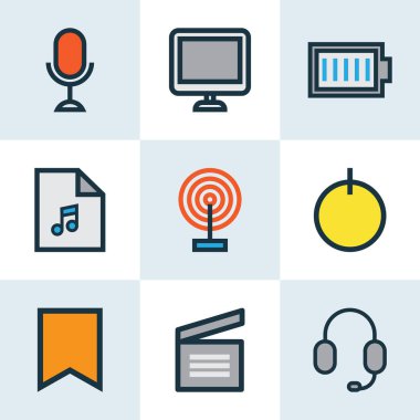 Müzik simgeleri renkli çizgi şarkı listesi, mikrofon, ekran ve diğer kulaklık ile öğeleri ayarlayın. İzole vektör illüstrasyon müzik simgeleri.