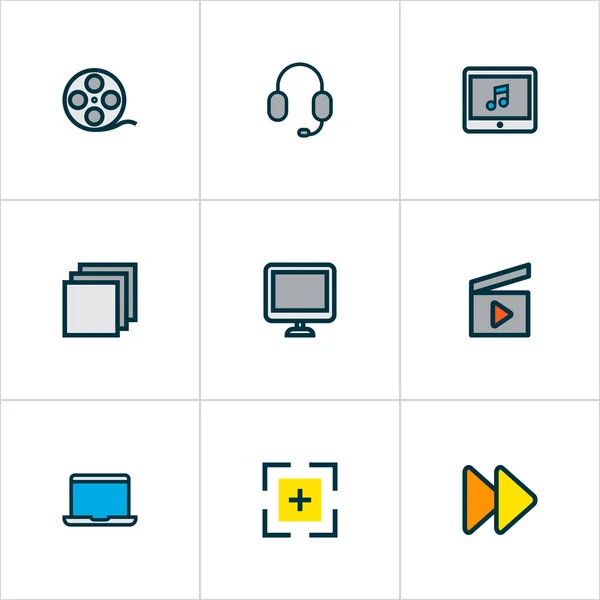 Music icons colored line set with full screen, film reel, earphone and other screen elements. Isolated vector illustration music icons. — Stock Vector