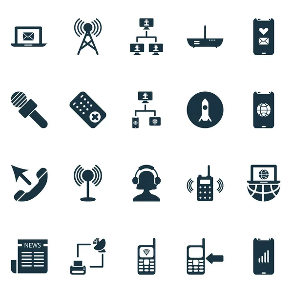 Иконки связи устанавливаются с консолью связи, мобильным телефоном, башней связи и другими элементами телемаркетинга. Изолированные векторные иконки связи . — стоковый вектор