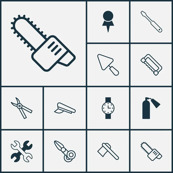 Icone strumento con cappello pilota, destinazione, orologio e altri elementi di falegnameria. Isolate icone dello strumento di illustrazione vettoriale . — Vettoriale Stock