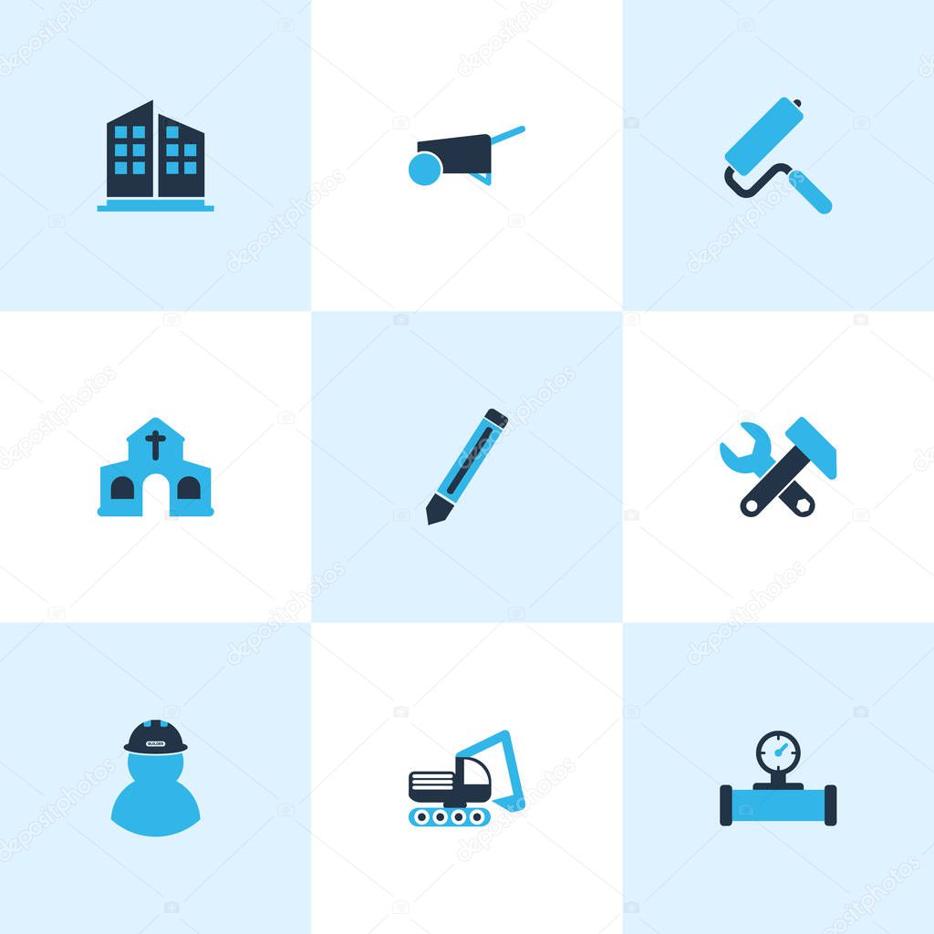 Industrial icons colored set with pencil, building cart, pipe with sensor and other excavator elements. Isolated vector illustration industrial icons.