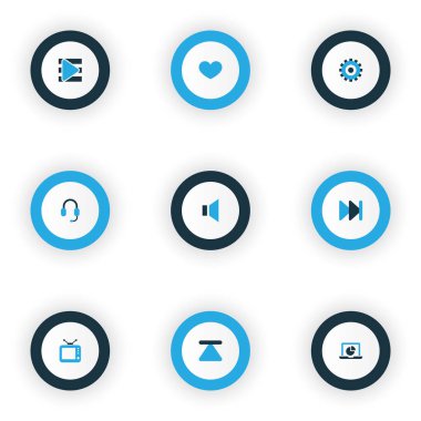 Multimedya simgeler kümesi kulaklık, sessiz, monitör ve diğer kulaklık öğeleri ile renkli. İzole vektör çizim multimedya simgeler.