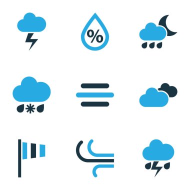 Hava bulutlu, fırtınalı, karlı yağmur ile küme ve diğer fırtına öğeleri renkli simgeler. İzole vektör çizim hava simgeleri.