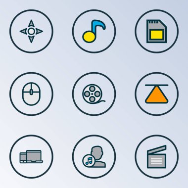 Multimedya simgeler nota, film bel soğukluğu, sanatçı ve diğer film şeridi öğeleri ile Ayarla satır renkte. İzole vektör çizim multimedya simgeler.