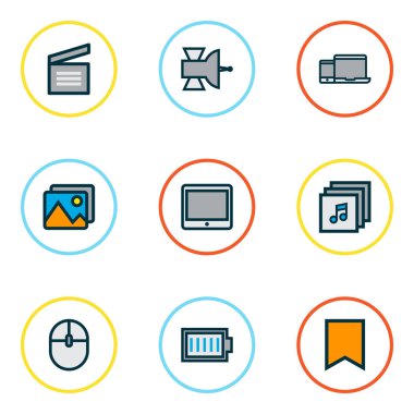 Multimedya simgeler albümleri, bilgisayar faresi, tablet ve diğer tam dolu pil öğeleri ile Ayarla satır renkte. İzole vektör çizim multimedya simgeler.