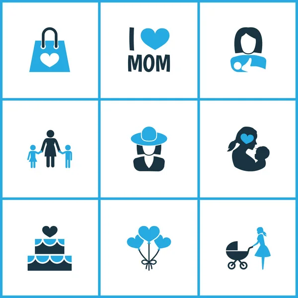 Dzień matki ikona kolorowy design koncepcji. Zestaw 9 takich elementów, jak ludzie, dekoracji i pakiet. Piękne symbole dla matki, dziecka i rodziny. — Wektor stockowy