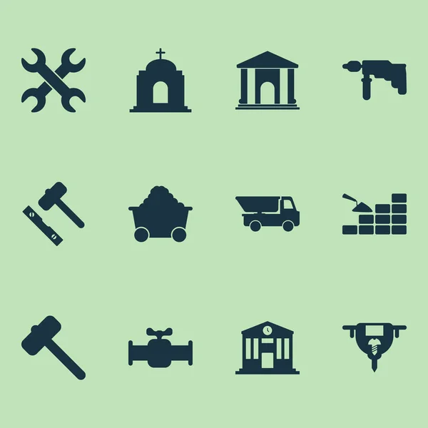 Industrie-Symbole mit Ventil, Schlüsselsatz, LKW und anderen Schlüsselelementen. isolierte Vektor Illustration industrielle Symbole. — Stockvektor