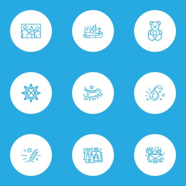 Noel simge stil ile oyuncak ayı, Noel mektubu, hediye kağıt torba ve diğer kızak öğeleri kümesi satır. İllüstrasyon izole vektör christmas Icons.