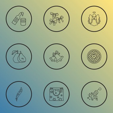 Festival simgeler stil elmalı turta, tüy, çan ve diğer ışıltı öğeleri kümesi satır. İzole vektör çizim festival simgeler.