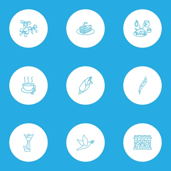 Фестивальні ікони лінійний стиль набір з шматочком торта, гарячої кави, вечері подяки та інших харчових елементів. Ізольовані Векторні ілюстрації Фестивальні піктограми . — стоковий вектор