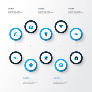 Endüstriyel simgeler kümesi boer, vida, aletleri ve diğer duvar elemanları renkte. İzole vektör çizim endüstriyel simgeler.