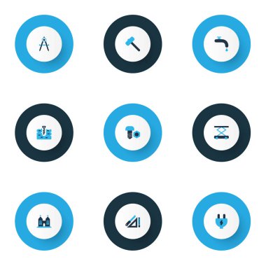 İnşaat simgeler kümesi elektrik fiş, çekiç çinileri, boer ve vida diğer öğeleri ile renkli. İzole illüstrasyon inşaat simgeler.