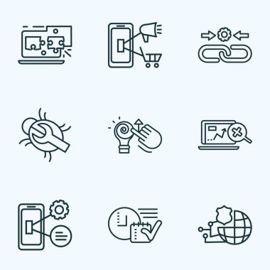 Optimizasyonu simgelerin stil mobil en iyi duruma getirme, mobil pazarlama, Seo izleme ve diğer yenilik öğeleri ile kümesi satır. İzole şekilde en iyi duruma getirme simgeler.