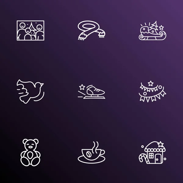 Happy icons line style set con café caliente, patines de carreras, trineo y otros elementos de paloma. Iconos felices ilustración aislada . —  Fotos de Stock