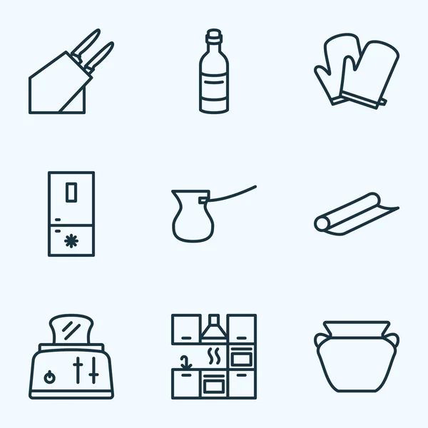 Iconos de cocina estilo línea con guantes de cocina, olla de barro, botella de vino y otros elementos de la nevera. Iconos de cocina de ilustración aislada . — Foto de Stock