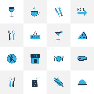 Cafe simgeler, Kapalı Restoran ile çıkış işareti ve diğer cabernet öğeleri kümesi renkte. İzole vektör çizim kafe simgeler.