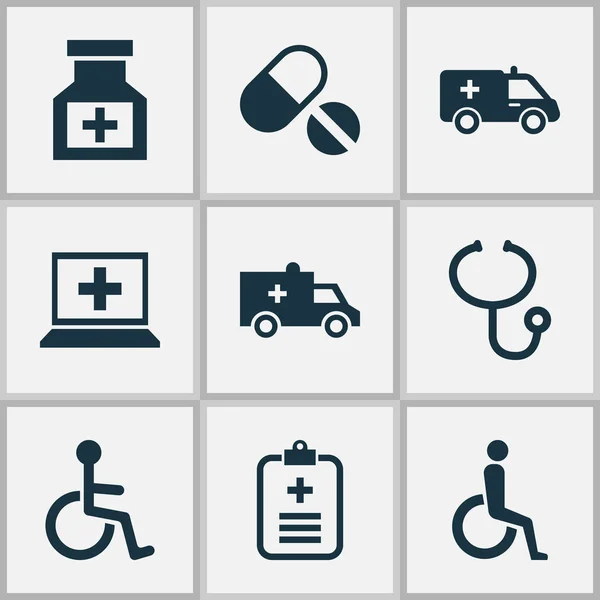 Лекарственные иконки с инвалидной коляской, лекарствами, скорой помощи и другими элементами анализируют. Изолированные векторные иконки медицины . — стоковый вектор