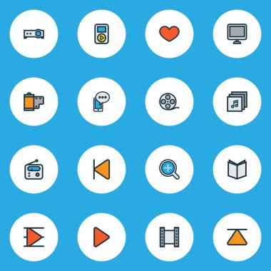 Müzik simgeler çizgi film makaraları, projektör, favori ve diğer başlangıç öğeleri ile ayarla renkte. İzole illüstrasyon müzik simgeleri.