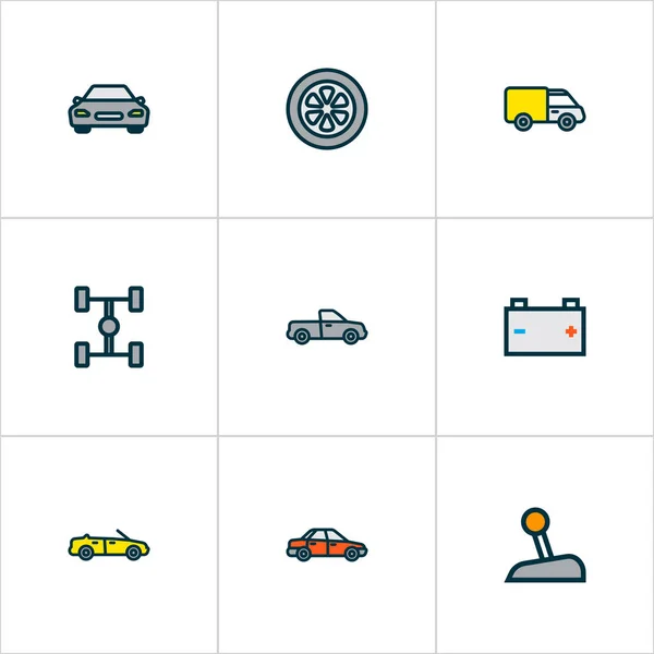 Автомобільні піктограми кольорової лінії встановлені з кабіною, батареєю, автомобілем та іншими елементами рівня. Ізольовані ілюстрації іконки автомобілів . — стокове фото