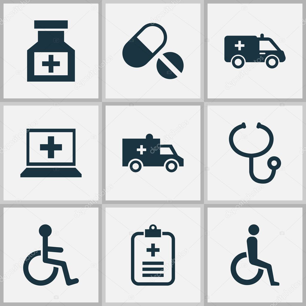 Antibiotic icons set with wheelchair, medicine, ambulance and other analyzes elements. Isolated  illustration antibiotic icons.