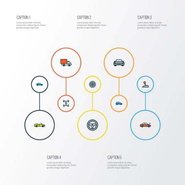 Araba simgeler renkli çizgi crossover, tekerlek, araba ve diğer spor öğeleri ile ayarla. İzole illüstrasyon araba simgeler.