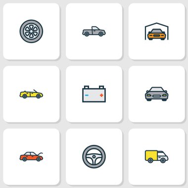 Otomatik simgeler renkli çizgi Cabriolet, direksiyon simidi, pil ve diğer akümülatör elemanları ile ayarlayın. İzole illüstrasyon otomatik simgeler.