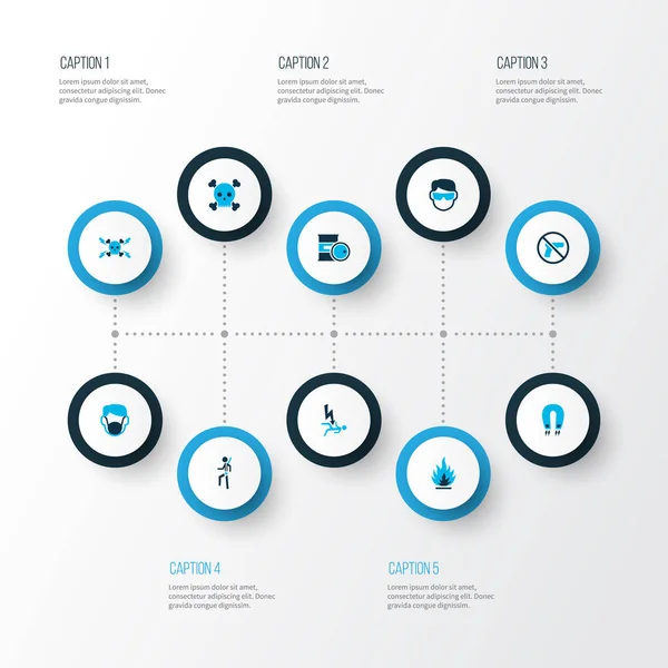 Veiligheid pictogrammen gekleurd instellen met gevaar voor elektrocutie, veiligheidsharnas, hoogspanning en andere stop pistool elementen. Geïsoleerde illustratie veiligheid pictogrammen. — Stockfoto