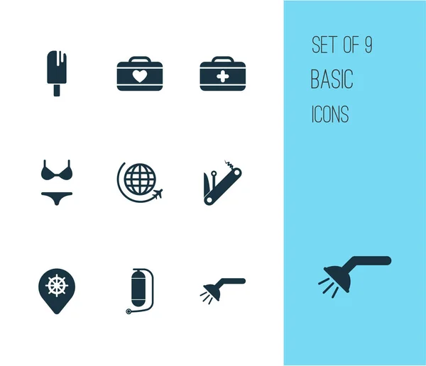 Reise-Symbole mit Koffer weiblich, Flug, Badeanzug und andere Elemente des Badezimmers gesetzt. Ikonen der Illustration. — Stockfoto