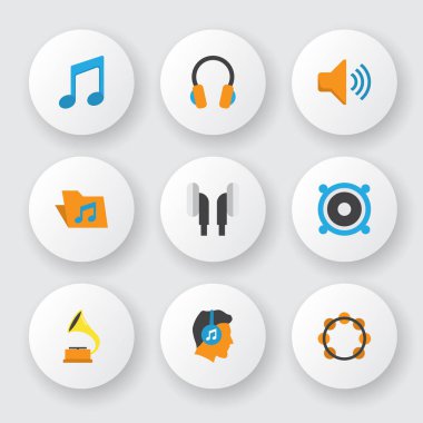 Ses simgeler düz stil sesiyle, ayarla dinle, megafon ve diğer ses öğeleri. İzole vektör çizim ses simgeler.