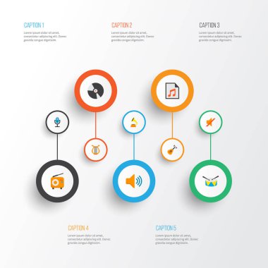 Ses simge stil kümesi perküsyon, mikrofon, gramofon ve diğer dj elemanları ile düz. İzole vektör çizim ses simgeler.