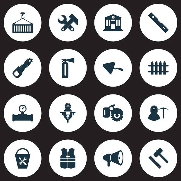 Conjunto de iconos de la industria con valla, llana, nivel de conversación y otros elementos de seguridad de llama. Iconos aislados de la industria de la ilustración vectorial . — Vector de stock