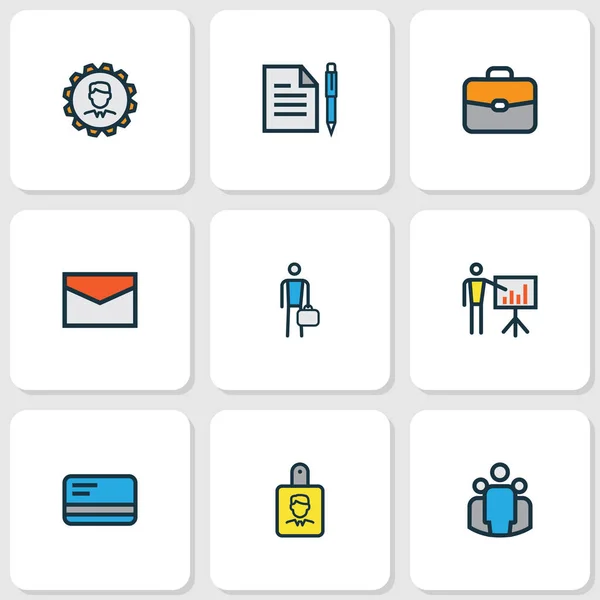 Business ikoner färgad linje set med väska, anställd, kontrakt och andra identifiering dokumentelement. Isolerade illustration business ikoner. — Stockfoto