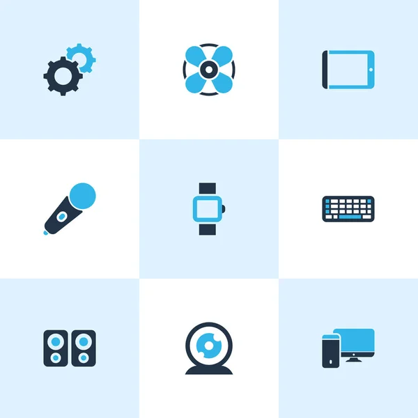 Iconos del dispositivo de color conjunto con ventilador, micrófono, ordenador y otros elementos de la webcam. Iconos de dispositivos de ilustración aislados . — Foto de Stock
