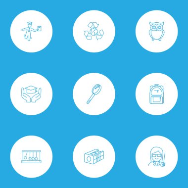 Eğitim simgeler stil Büyüteç, baykuş, ekoloji ve diğer akademik öğeleri kümesi satır. İzole vektör çizim eğitim simgeler.