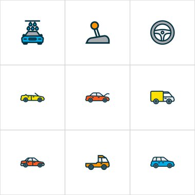 Otomobil simgeler direksiyon simidi, vites, ana yol verici ve diğer spor öğeleri ile Ayarla satır renkte. İzole vektör çizim otomobil simgeler.