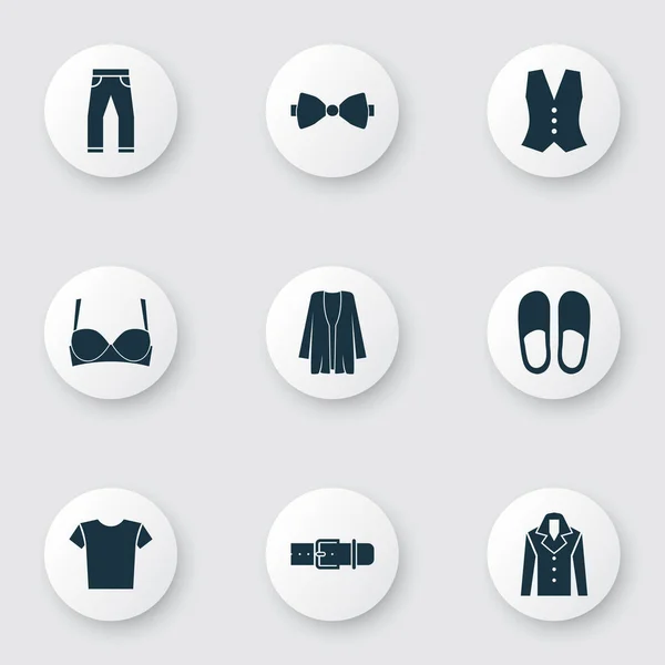 Ruhanemű ikonok beállítása, papucs, melltartó, kabát, farmer elemeivel. Elszigetelt vektoros illusztráció ruhanemű ikonok. — Stock Vector