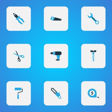 Handtools simgeler kümesi anahtarı, makas, cıvata ve diğer araç öğeleri ile renkli. İzole illüstrasyon handtools simgeleri.