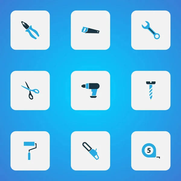 Iconos de herramientas manuales de color conjunto con llave inglesa, tijeras, perno y otros elementos de la herramienta. Iconos de herramientas manuales de ilustración aislados . —  Fotos de Stock