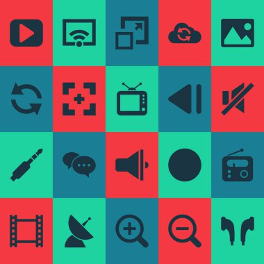 Medya Simgeler resim ile ayarlamak geriye doğru yavaş, senkronize ve önceki diğer öğeler. İzole illüstrasyon medya simgeler.