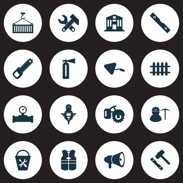 Conjunto de iconos de la industria con valla, llana, nivel de conversación y otros elementos de seguridad de llama. Iconos aislados de la industria de la ilustración . —  Fotos de Stock