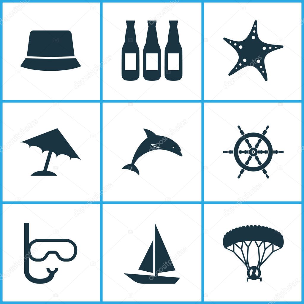 Season icons set with boat, starfish, umbrella and other ale elements. Isolated  illustration season icons.
