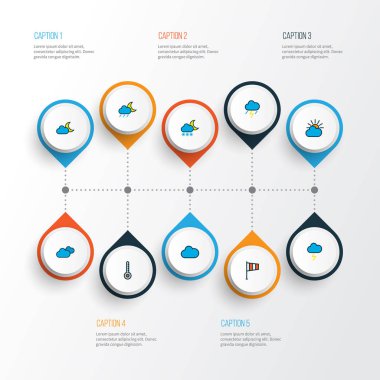 Hava simgeleri renkli çizgi thunderstroke ile güneş, gece yarısı ve diğer bulutlu gün öğeleri ayarlayın. İzole vektör çizim hava simgeleri.