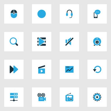 Müzik simgeleri ses çıkmasın, kulaklık ve diğer grafik öğeleri arama ile set renkli. İzole vektör illüstrasyon müzik simgeleri.