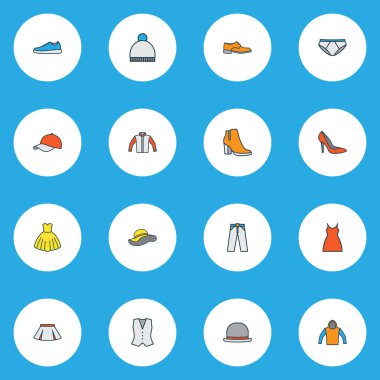 Simgeler renkli çizgi ile yelek, mini, lastikbotlar ve diğer yelek öğeleri ayarla elbise. İzole vektör çizim elbise simgeler.